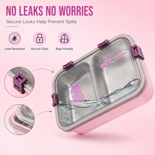 Image of Stainless Steel Lunch Box with 3 Compartments Leak Proof Airtight Lid BPA Free Food Storage Container Durable Portable Bento Tiffin for Kids, School Picnic (2 Compartment Pink)