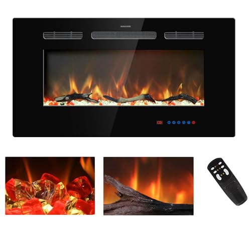 Kentsky 33 inches Electric Fireplace Inserts, Recessed and Wall Mounted Fireplace Heater, Linear Fireplace w/Thermostat, Remote & Touch Screen, Multicolor Flame, Timer, Log & Crystal, 750W/1500W