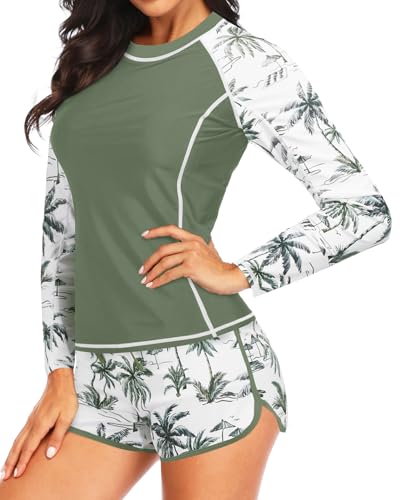 Women's Long Sleeves Rash Guard - 2 Piece Swimsuits with Built in Bra Swim Shirt and Shorts with Pockets3