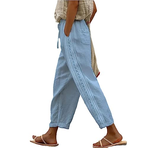 Costaric Casual Linen Pants Women's Summer Elastic Waist Crop Pants Straight Leg Beach Trousers with Pockets Relaxed Fit