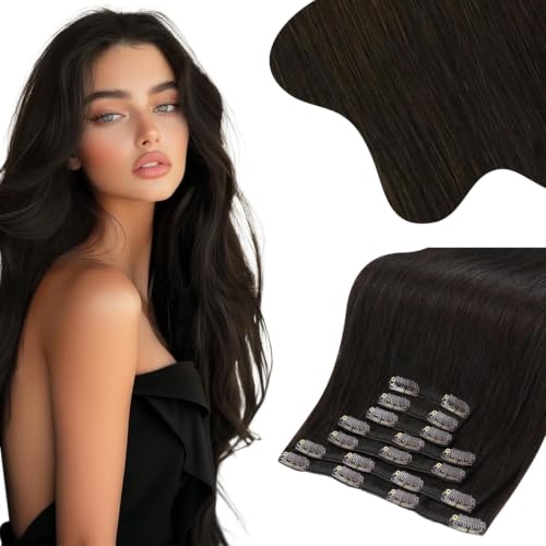 Image of Moresoo Clip in Hair Extensions Remy Double Weft Human Hair Clip in Extensions Straight Hair Extensions for Women Dark Brown #2 7pcs 150g 20inch