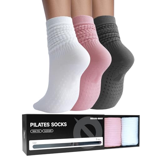 Pilates Socks for Women with Grip - Long Yoga Slouch Socks for Barre Workout, Non Slip Soft Comfortable 3 Pairs