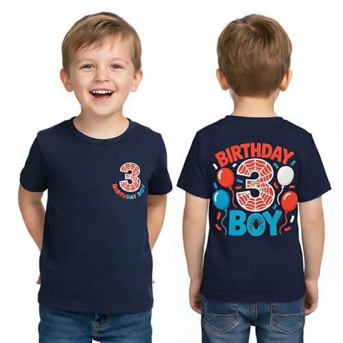 ZOELNIC Toddler Boy 3rd Birthday Shirt 3 Year Old Short Sleeve 2-Sided Spider Print Cotton T-Shirt 3T B-Navy Blue