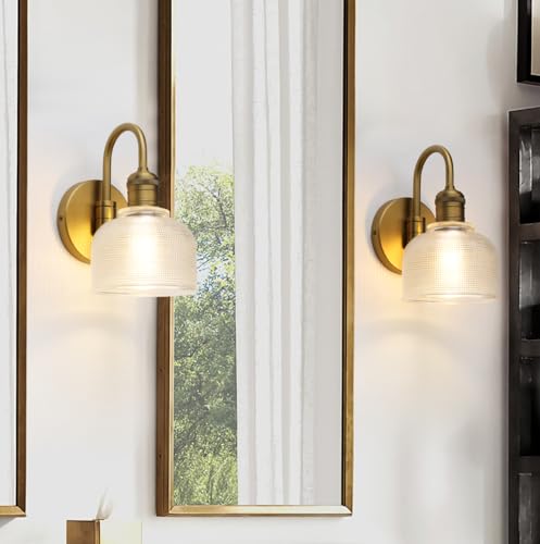 Image of Yosoan Brass Gold Vintage Wall Sconce with Striped Shade, 1-Light Modern Vanity Light Industrial Single Wall Mounted Hardwired Bowl Texture Glass Shade for Living Room Bedroom Kitchen Hallway(Antique)