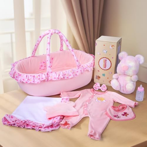 BABESIDE 8 Pcs Reborn Baby Doll Clothes with Bassinet for 17-22 Inch Babydolls, Reborn Baby Doll Accessories and Baby Dolls Clothes fit Realistic Baby Dolls Girl, Pink