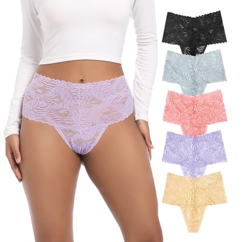 Women Leaf Print High Waisted underwear Stylish Comfort for Everyday Wear 5 Pack Bright XLarge