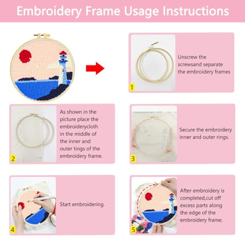 Image of Zhenqing Lighthouse Punch Needle Kit - 29x29cm Embroidery with 20cm Hoop, Coarse Cotton Thread & Tools for Beginners(Z95115C)