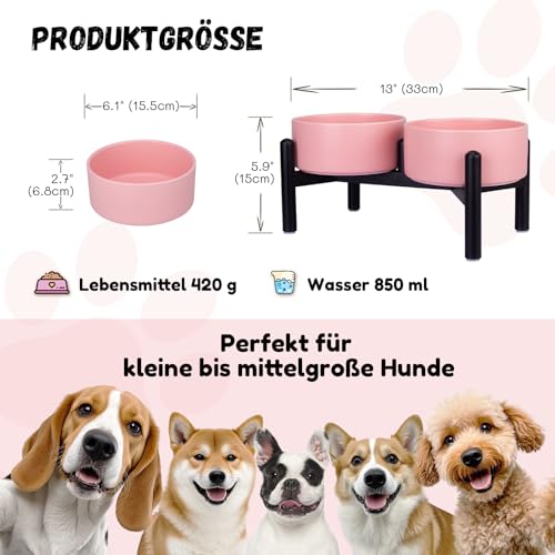 Futternapf Hund Erhöht Hundenapf Set - Doppelte Fressnapf Keramik mit Edelstahlständer - Ideal für Kleine und Mittelgroße Hunde - 850 ml x 2 - Rosa