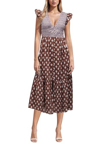 Image of Women's Floral Print Boho Dress Fly Sleeve Wrap V Neck Ruffle Belted A-Line Flowy Maxi Chiffon Dresses (A-Mixed Color, M)