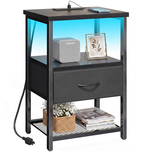 Image of Fixwal Night Stand with Charging Station, LED Nightstand Side Table with Fabric Drawers PU Finish, End Tables Bedroom, Bedside Table, Black