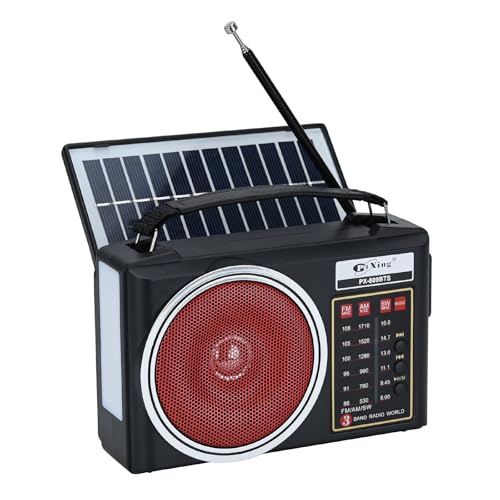 Portable Retro Radio, AM/FM/SW Compact Bluetooth Radio with Solar Panel, Portable LED Lighting, Rechargeable Battery, Support TF Card/USB MP3 Player (Red)