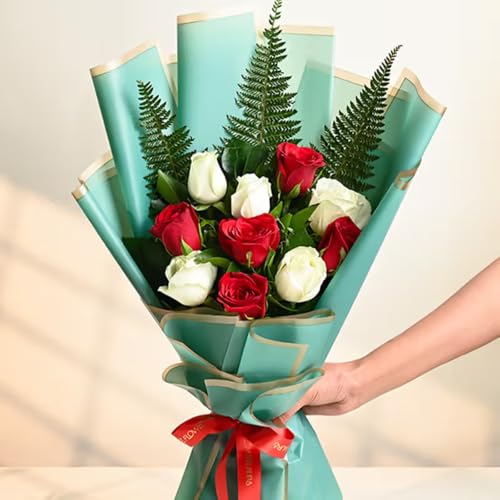 Image of FlowerAura Premium Fresh Live Flower Bouquet of 10 Red & White Roses In Designer Paper Gift For Birthday | Anniversary | Love | Home Decor | Fathers Day Gift For Dad (Same Day Delivery)