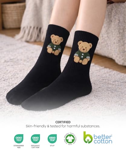 Image of bony&katia Cute Teddy Bear Crew Socks for Women and Men 3 Pairs Set - Soft Breathable Cotton - Gift Idea for Mothers Day