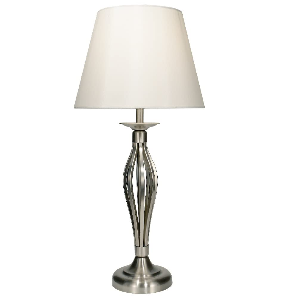 Britalia Satin Chrome Vintage Open Metalwork Table Lamp With Cream Faux Silk Tapered Drum Shade | 53Cm Height | 1 X Es E27 Lamp Bulb Required | Uk Approved | In-Line On Off Switch