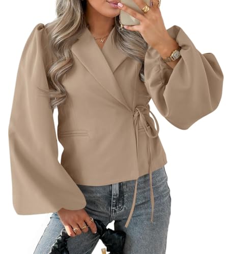Cicy Bell Womens Puff Long Sleeve Blazers V Neck Wrap Cropped Trench Coat Work Office Dressy Casual Suit Jackets