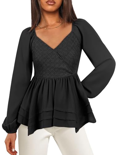 Angashion Women Tops Long Sleeve V Neck Peplum Blouse Dressy Casual Flowy Ruffle Babydoll Shirts