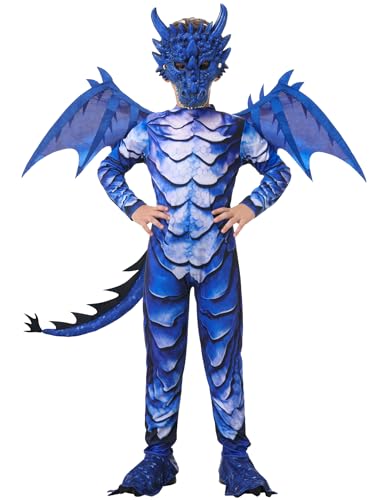 Costume de dragon pour enfant avec queue d'ailes et masque pour garçons et filles, Halloween, carnaval, costume de dragon bleu pour enfants de 4, 5, 6, 7, 8,...