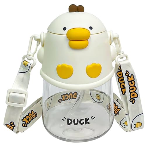XJKLBYQ Duck Water Bottle, 780ml Cute Drinking Cups with Lid, Handle, Straw & Adjustable Strap for Shopping, School, Travel, Photo
