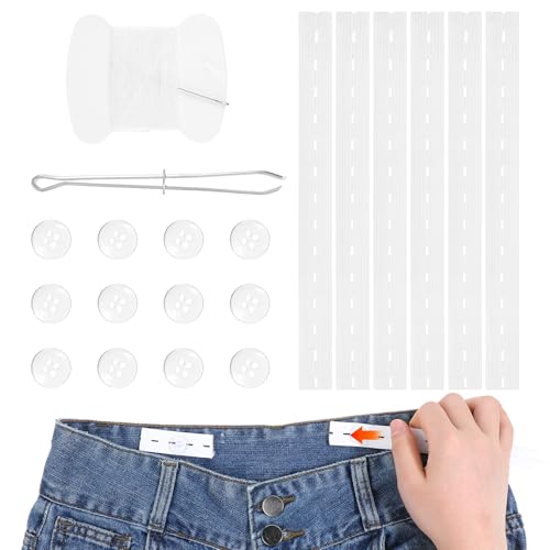 TIESOME Adjustable Elastic Jean Waist Tightener, 6 PCS Elastic Waistband Extenders with 12 Buttons Needles and Thread Belt Threading Tool White Belt Threading Tool for Women Men Maternity Kids