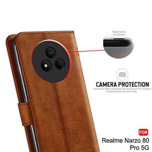 Image of TheGiftKart Flip Cover Back Case for Realme Narzo 80 Pro 5G | Genuine Leather Finish | Designer Button | Inbuilt Pockets & Stand | Wallet Style Flip Back Cover for Narzo 80 Pro (Faux Leather, Brown)