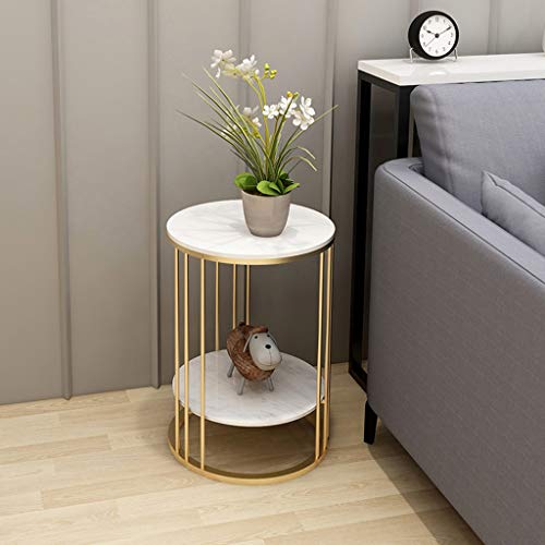 LIYIN-Wall Clock Mesa Auxiliar/Auxiliar de 2 Niveles, 40/50 × 55 cm, Tablero de mármol Blanco/Marco de Metal Resistente, Mesa de Centro de Estudio para Sala de Estar y Dormitorio Cover