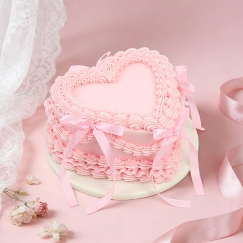 WARMALL 6 Inch Pink Bow Fake Cake - Realistic Artificial Cake for Wedding Coquette Dessert Table Decor Reusable Fake Cake for Photography Anniversary Birthday Party DecorationPink & Heart