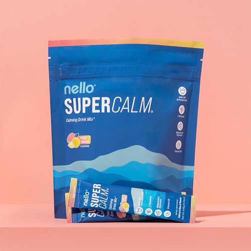 Image of Nello Supercalm Powdered Drink Mix, Cortisol Reducer* and Sleep Aid Supplement, L Theanine, Ksm-66 Ashwagandha, Magnesium Glycinate, Vitamin D 3, No Sugar, Non GMO, On The Go, 20 Ct, Yuzu Guava