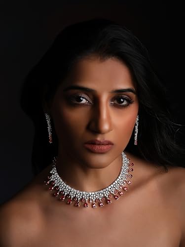 Image of ASMITTA Jewellery Silver American Diamond Necklace Set with Maang Tikka | Traditional Rhodium-Plated CZ Jewellery Sets for Women | Perfect for Bridal Weddings, Festivals & Special Occasions