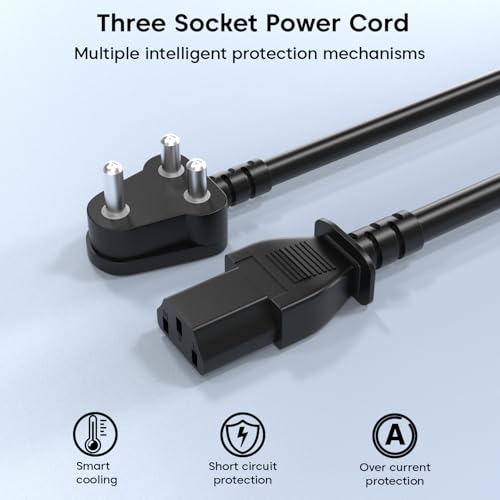 Image of Sounce 1.8M Power Cord Replacement Cable with India Plug and IEC Connector 3 Pin Heavy Duty Power Cable for Desktop PC Monitor Printer TV SMPS Projector Gaming Console and More Durable (Black)