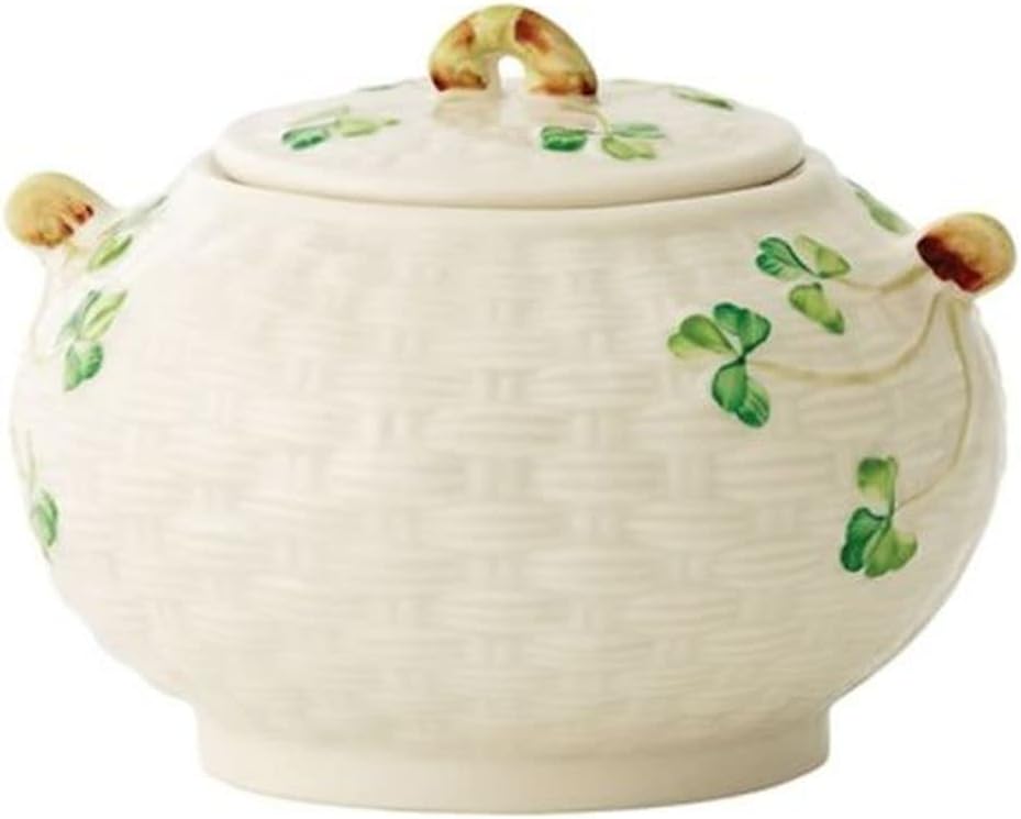Belleek Shamrock Ceramic Sugar Bowl with Lid - Fine Parian China Sugar Container for Coffee Bar - 4"W x 3.6"H, White