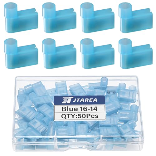 JTAREA 90 Grad 1,5-2,5 mm² Flagge Isoliert Weiblich Terminal Nylon Vollisolierte Steckverbinder 16-14 AWG Flachstecker Kabelschuhe Flachsteckhülsen Drahtverbinder Kabelschuh (Blau 50)