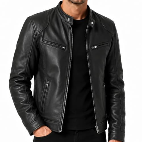 Image of Men's Real Leather Jacket Biker Motorcycle Cafe Racer Vintage Retro Bomber Winter Black Genuine Leather Jacket