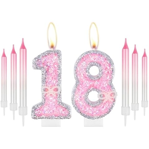 iNINGER Birthday Candle Pink 18th Candles,Gold Glitter Pink Number Candles with Pearl Bow,Cake Number 18 Birthday Candles for Cake Happy Birthday Cake Topper for Anniversary Party Supplies Cover