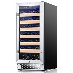 Wine Fridge,15 Inch Wine Cooler 33 Bottle Wine Cooler Refrigerator with Professional Compressor Double-Layer Glass Reversible Tempered Stainless Steel Door Fast Cooling & Quiet