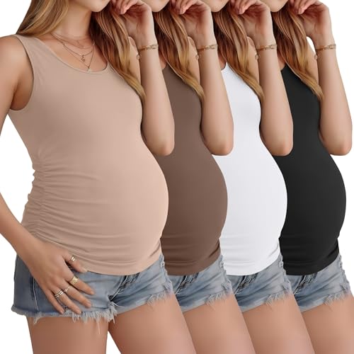 Ficerd 4er Pack Damen Maternity Tanktops Ärmellos mit Seitlicher Raffung Rundhals Casual Schwangerschaft Tops Sommer(Khaki Kaffee Weiß Schwarz M)