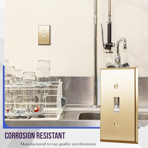 Image of ENERLITES Toggle Switch Metal Wall Plate, 1-Gang, Polished Brass, Gold | Luxury polished brass finish; Rust-proof Stainless Steel 201; Standard 1-gang; Fits toggle switches; 7711-PB