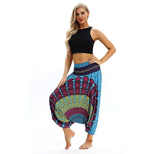 Sunmoot Boho Print Yoga Pants Womens Men High Waist Casual Summer Loose Baggy Aladdin Jumpsuit Elastic Waist Harem Trousers