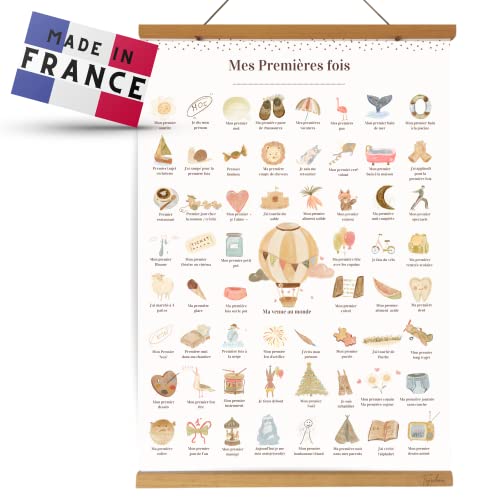 Affiche mes premières fois à tamponner Cadeau naissance bébé fille garcon, boite souvenir parents, femme enceinte jeune maman (COFFRET Affiche +Cadre baguette +Tampon +Encrier, GRAND Format A2) Cover