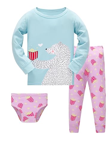 LOLPIP Pijamas para niñas, ropa de dormir 100% algodón, pijamas para niños, pijamas de manga larga, conjunto de 4 piezas de 2 a 12 años, Pijama de oso y ropa interior, 3 años