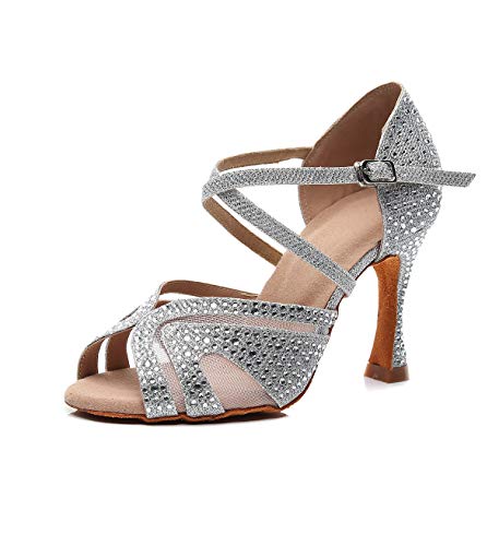 Goettin Ladies Ballroom Latin Dance Shoes Color Rhinestone Ballroom Party Performance Shoes 3.5 Inch Ladies High Heels Silver