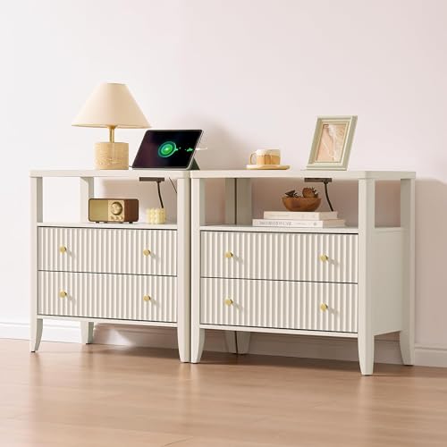 Image of Fluted Nightstand with Charging Station Set of 2, 27.3 inch Wide Modern Bedside Table with 2 Drawers & Open Shelf, Large Wood End Table with Storage & Metal Handle for Bedroom, Cream White
