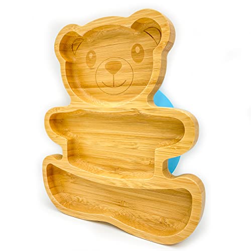 Eco Health Teddy Suction Plate for Babies Weaning - Made from Organic Natural Bamboo with Strong Detachable Silicone Base, BPA Free Baby Plate for Stay Put Feeding and Weaning (Blue)