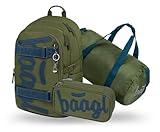 Baagl Schulrucksack Set Jungen 3 Teilig, Skateboard Rucksack, Schultasche ab 3. Klasse, Grundschule Ranzen mit Brustgurt, Ergonomischer Schulranzen, 25 l (Olive)
