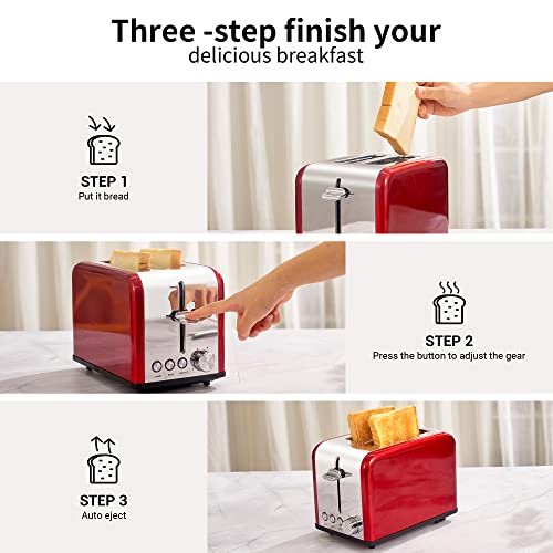 Toaster 2 Slice, Retro Small Toaster With Bagel, Cancel, Defrost Function, Extra Wide Slot Compact Stainless Steel Toasters For Bread Waffles, Red #TOP6