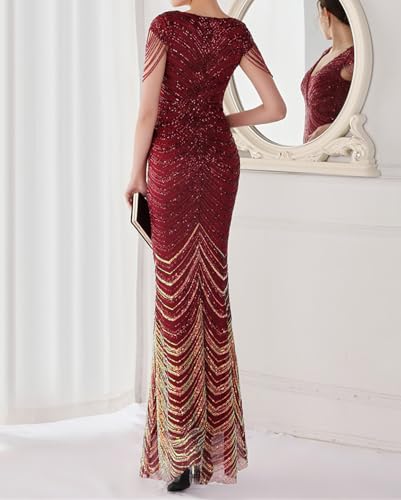 Image of houstil Formal Dresses for Women Sequin 1920s Full Length Evening Party Gown Great Gatsby Cocktail Wedding Dress
