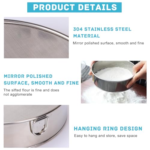 Flour Sieve Stainless Steel Round Flour Sifter Kitchen Sieve Fine Mesh for Baking Powder Cakes 6 Inch 60 Mesh - Image 3