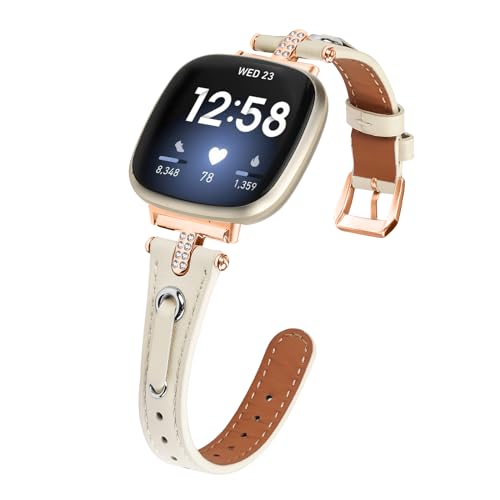 Leather Straps Compatible with Fitbit Versa 4/Versa 3 Strap for Women Genuine Leather Wristband Metal Bling Rhinestone Replacement Watch Band Strap Bracelet for Sense 2/Sense (Starlight/Rose Gold)