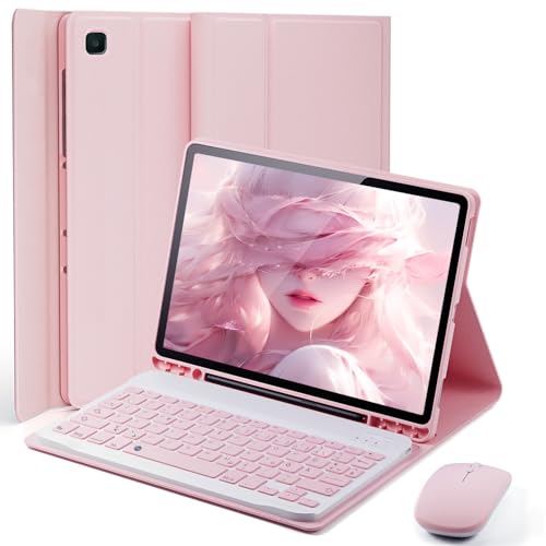 für Samsung Galaxy Tab S6 Lite Generation Hülle (2024/2022/2020) 10 4 Zoll mit Deutsche Zeichen Tastatur (QWERTZ) Bluetooth kabelloser aufgeladener Tastatur Maus Magnetisch Keyboard case Rosa