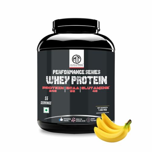 Image of MuscleTrail Performance Series Whey Protein | 24g Protein, 5g BCAA, 4g Glutamine | 55 servings (1.92Kg, Banana)