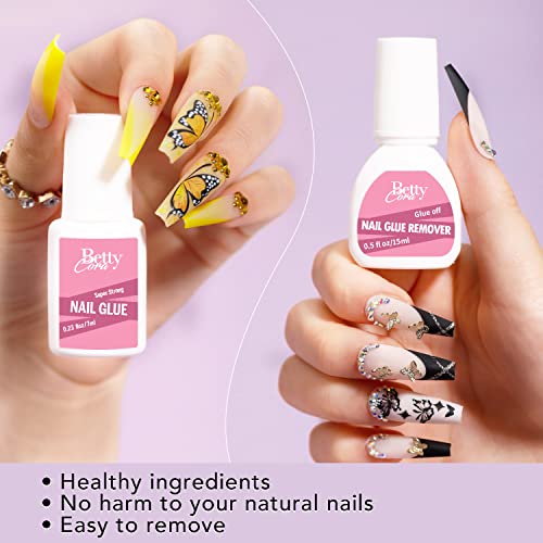 Brush On Nail Glue With Nail Glue Remover Kit, Bettycora Strong Glue On Nails Debonder Glue Off For Press On Nail False Nail Tips #TOP2